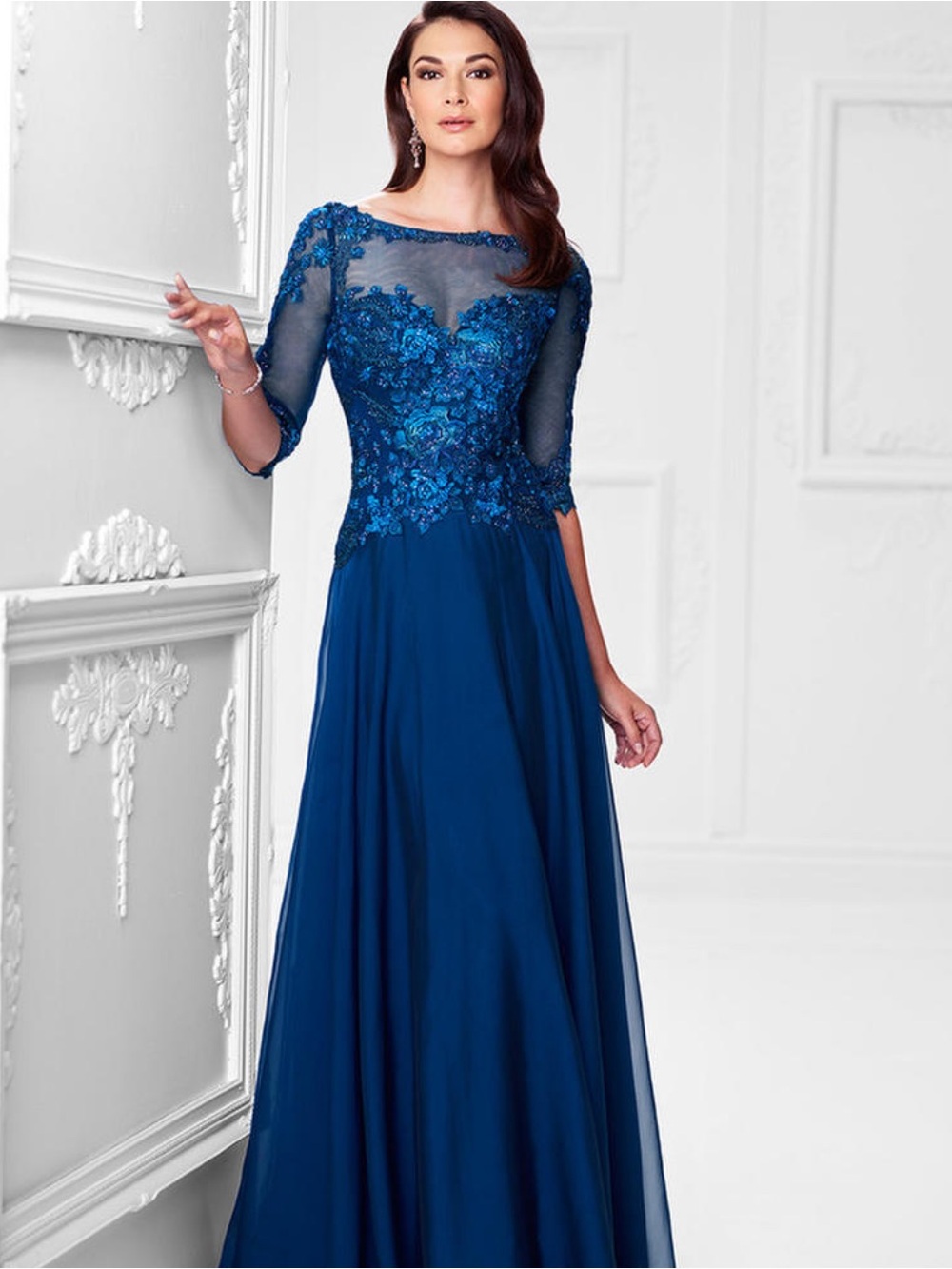 Montage by Mon Cheri Royal Blue Embroidered Illusion Bodice Gown